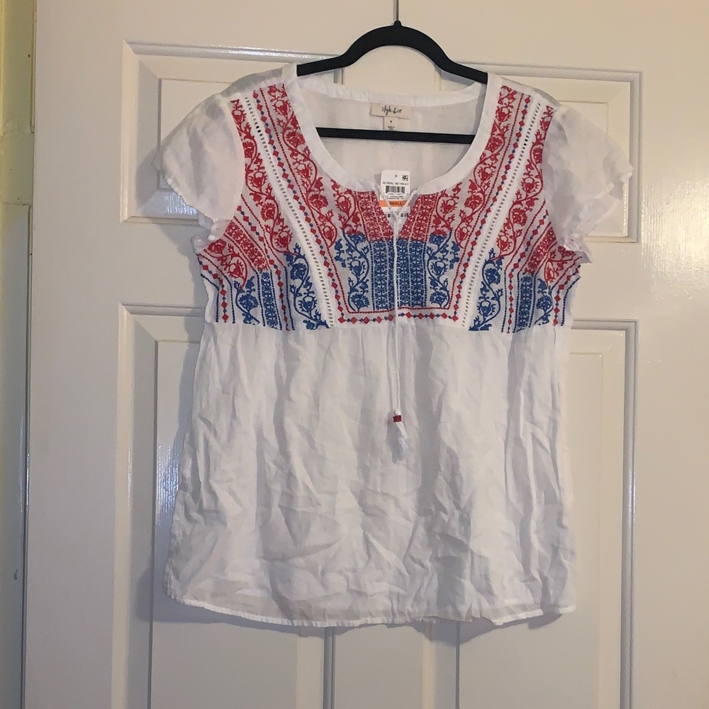 NWT Style & Co. White Top with Red and Blue Embroidery